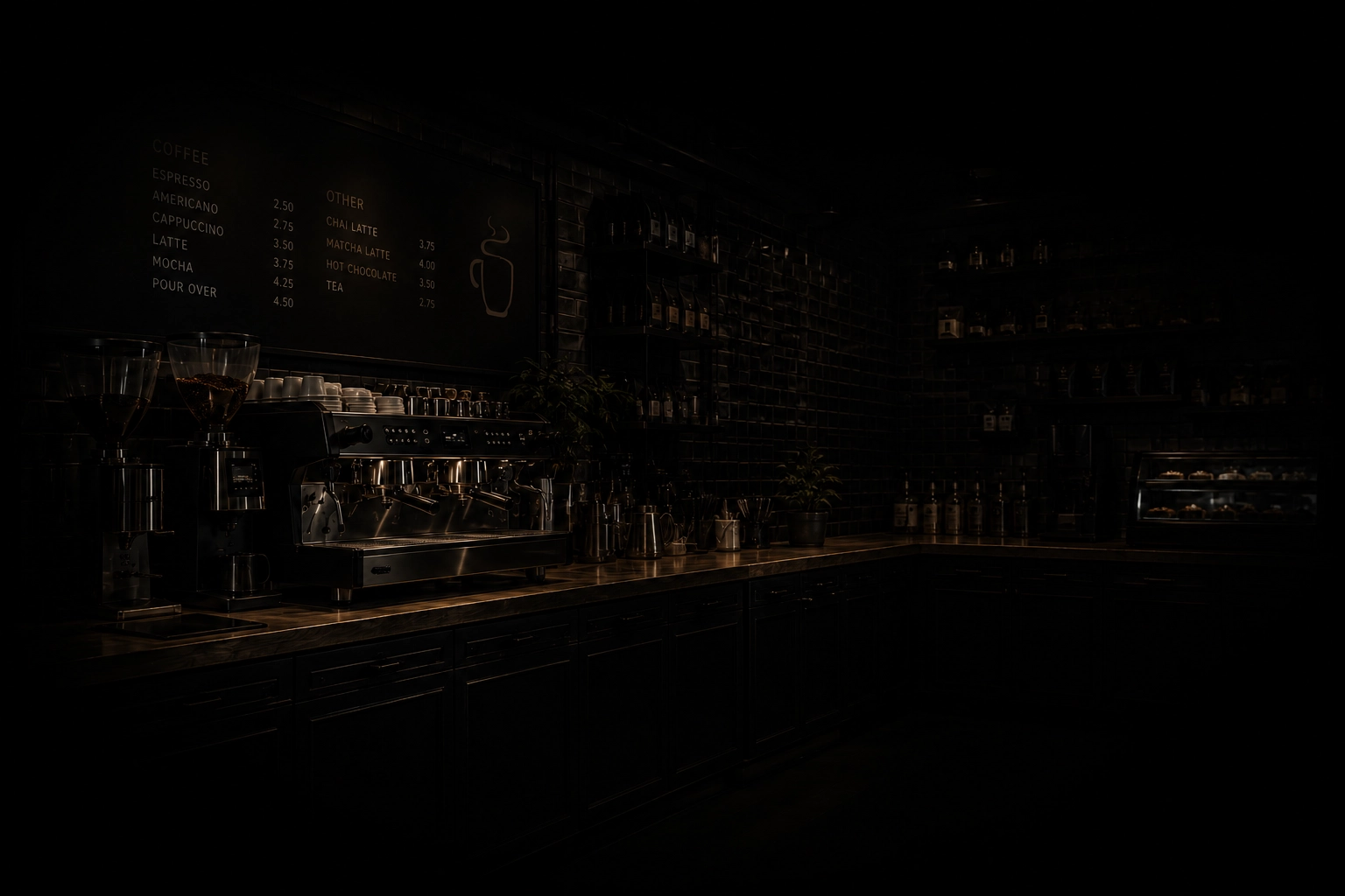 Interior oscuro de una cafetería comercial